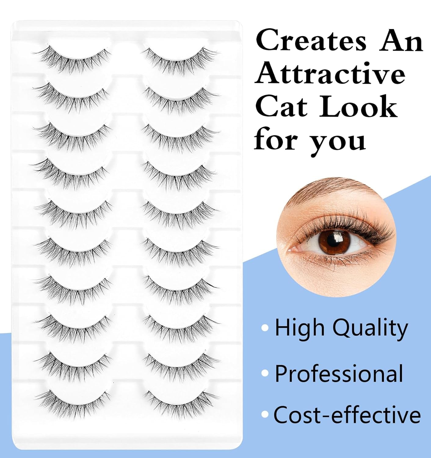 Fluffy Fox Eye Lashes, Natural Look Mink Cat Eye Lashes, Short Wispy Lash Strips, 10 Pairs Pack Volume Strip Fake Eyelash Extension Look
