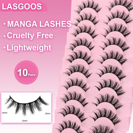 MANGA Lashes False Eyelashes Cosplay Lashes Natural Look Faux Mink 3D Fluffy Eye Lashes Cotton Band Soft Reusable Look like Extensions 10 Pairs 13Mm Cross Lashes Pack