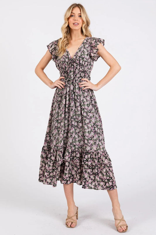 Mittoshop Flower Print Ruffle Cap Sleeve V-neck Midi Dress
