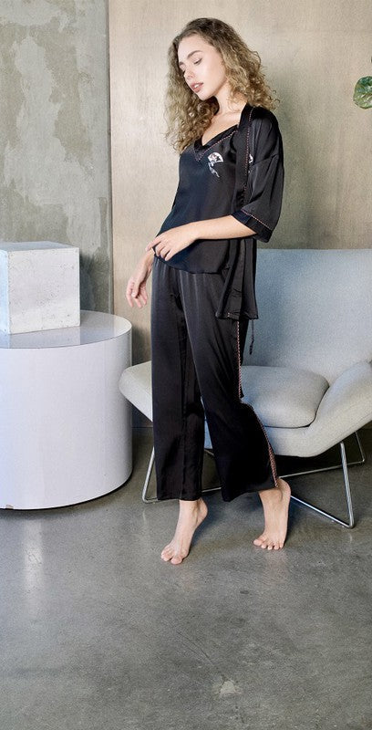 Black Silky 3 Piece Kimono Pajama Sets