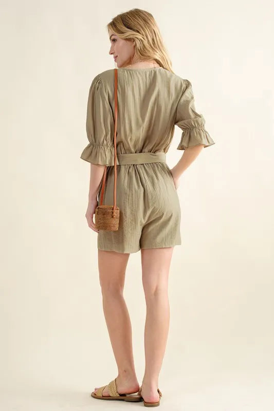 And The Why Flounce Sleeves Romper with Belt