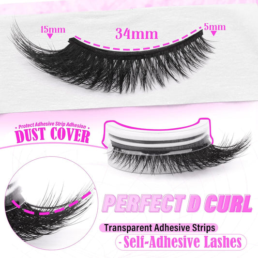 Self Adhesive Eyelashes Natural No Glue Needed Eyelashes Cat Eye Lashes Wispy Self Adhesive Lashes Fluffy Strip Lashes without Eyeliner Reusable Wispy Self-Adhesive Lashes with Lash Clip and Tweezers