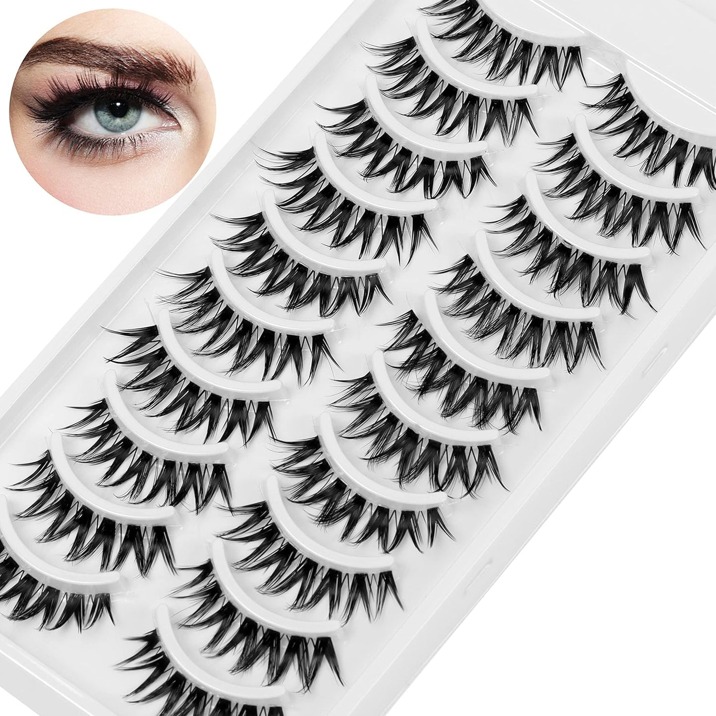 10 Pairs Cat Eye Lashes Clear Band Wispy Natural Look Fluffy False Eyelashes 3D Soft Volume Lashes Looks like Eyelash Extensions Reusable Faux Mink Lashes