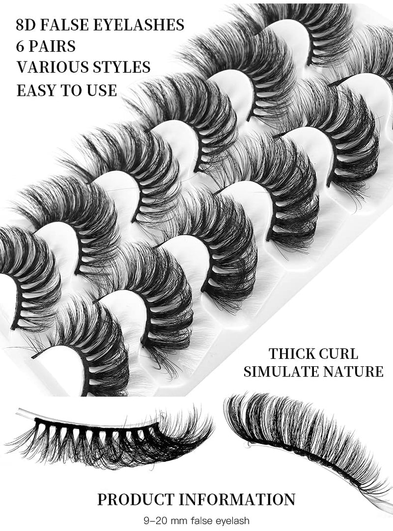 Mink Lashes Wispy False Eyelashes Cat Eye Lashes Natural Look Fluffy 8D Volume Strip Fake Eyelashes 6 Pairs Pack, Long-Lasting, Ultra-Light, CC Curl Lash Extension Effect (CD21)