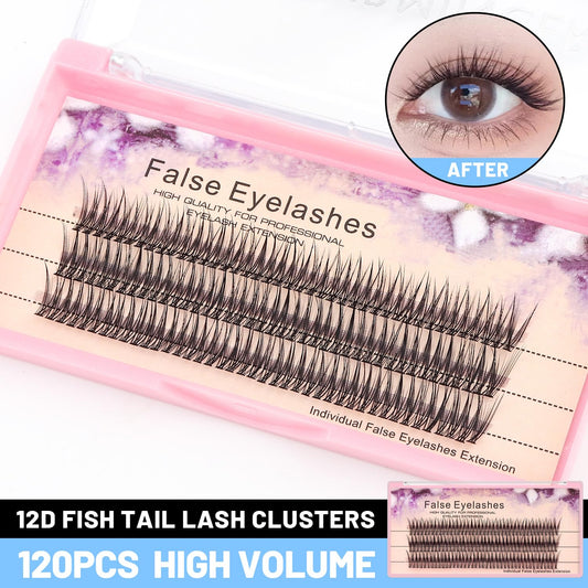 8-16Mm to Choose Fish Tail Design 120Pcs Thickness 0.1Mm C Curl 12 Root Women Lady Individual Black False Eyelash Cluster Eye Lashes Extension Tools (14Mm)