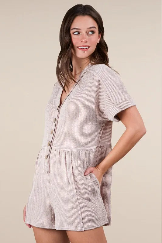 VERY J Two Tone Ribbed Knit Comfy Casual Romper