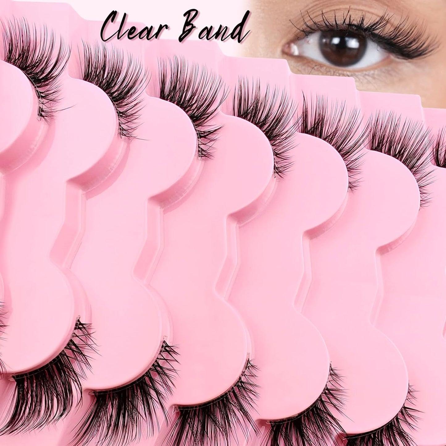 Half Lashes with Clear Band, 15Mm Natural Look Fox Eye Fluffy Wispy 3D Curly Eyelashes, Cat-Eye Accent Lashes That Look like Extensions, Faux Mink False Eyelashes 7 Pairs Pack(Cz-27)