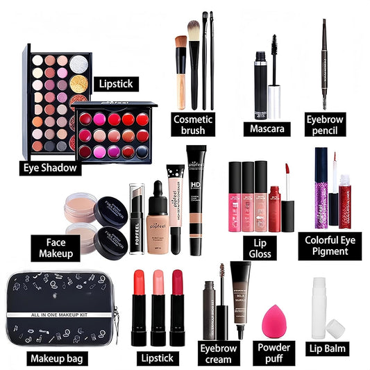 All in One Makeup Kit 27 Piece Makeup Kit for Women Full Kit, All in One Makeup Sets Include Eyebrow Eyeliner Eyeshadow Mascara Foundation Concealer Lip Gloss Lipstick Brush (Mkit-04)