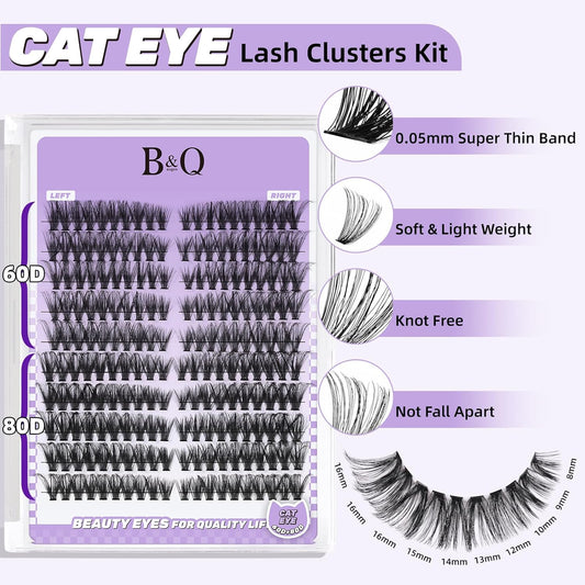 Cat Eye Lash Clusters Kit Wispy Lash Extension Kit D Curl Eyelash Clusters Kit Left & Right Cluster Eyelash Extensions 200PCS Cluster Lashes Kit with Lash Bond and Seal&Tweezer(Kit-Cat Eye 60D+80D)