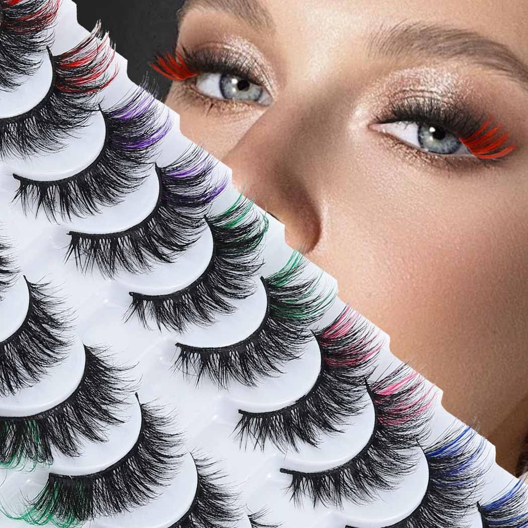 False Eyelashes with Color Fluffy Faux Mink Lashes Colored D Curl Strip Long Eye Lashes 10 Pairs Dramatic Lashes Volume Fake Eyelashes for Women and Girls