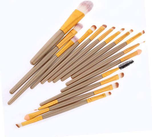 15Pcs Cosmetics Brush Set with Wooden Handle Pink and White Nylon Bristles Includes Powder and Blush Brushes for Makeup Application 185 Brown Handle