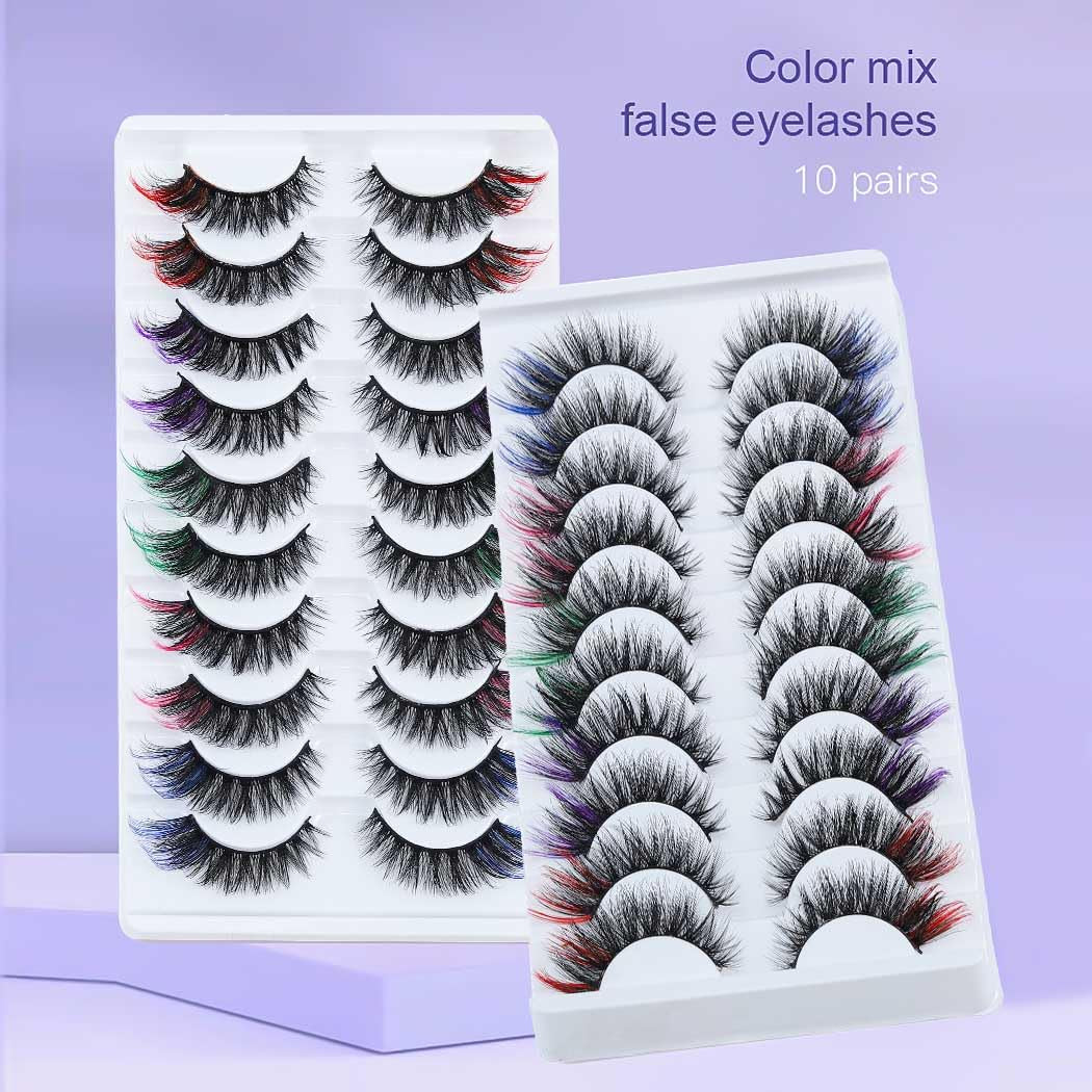 False Eyelashes with Color Fluffy Faux Mink Lashes Colored D Curl Strip Long Eye Lashes 10 Pairs Dramatic Lashes Volume Fake Eyelashes for Women and Girls