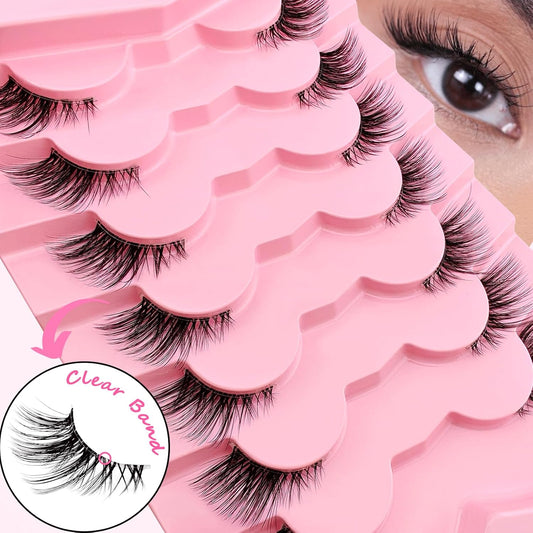 Half Lashes with Clear Band, 15Mm Natural Look Fox Eye Fluffy Wispy 3D Curly Eyelashes, Cat-Eye Accent Lashes That Look like Extensions, Faux Mink False Eyelashes 7 Pairs Pack(Cz-27)