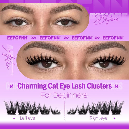 Wispy Cluster Lashes CD Curly Eyelash Clusters Natural Lash Extension Left + Right Cat Eye Lashes Manga Lash Clusters 8-16Mm Lash Extension Volume Cluster Eyelash Extensions DIY at Home