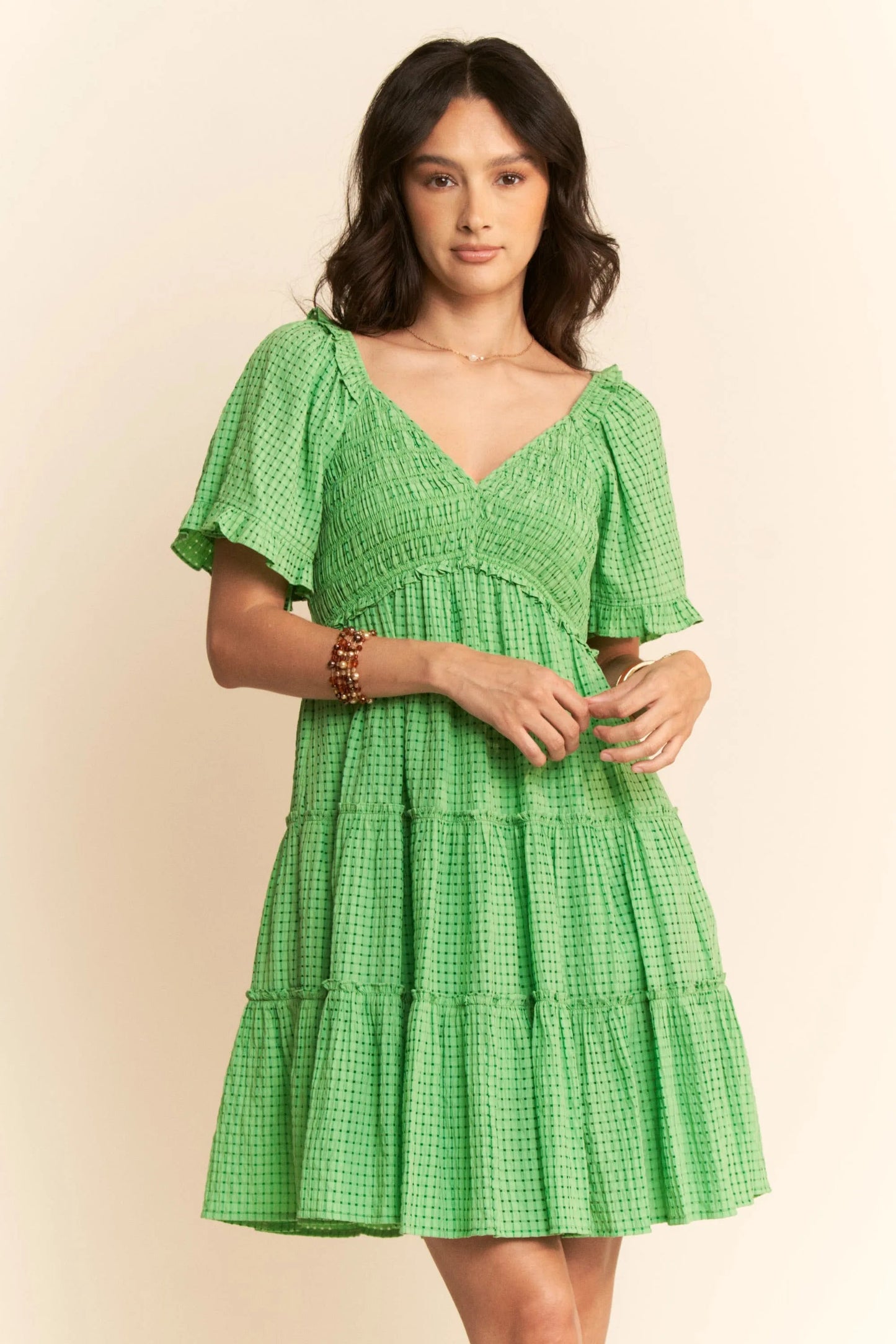 Davi & Dani Jacquard Checker Smocking Tiered Dress
