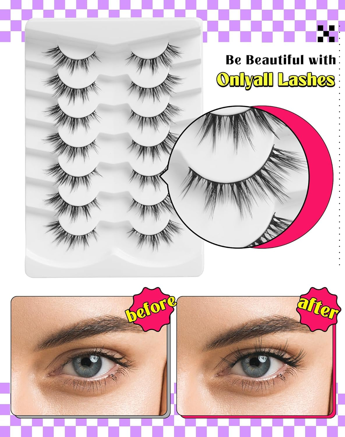 Natural Lashes Wispy Lashes Natural Look False Eyelashes Natural Flared Eyelashes False Eye Lashes Soft Fluffy Lashes 7 Pairs D13 Sexy Cat Eye-10Mm