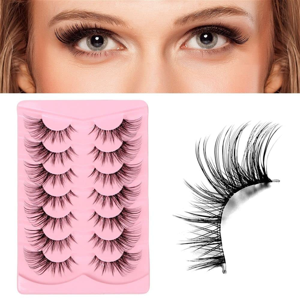 Manga Lashes, Fox Eye False Eyelashes Cat Eye Lashes Natural Look Cosplay Anime Eyelashes Clear Band Eyelashes Wispy Faux Mink Fake Lashes 7 Pairs