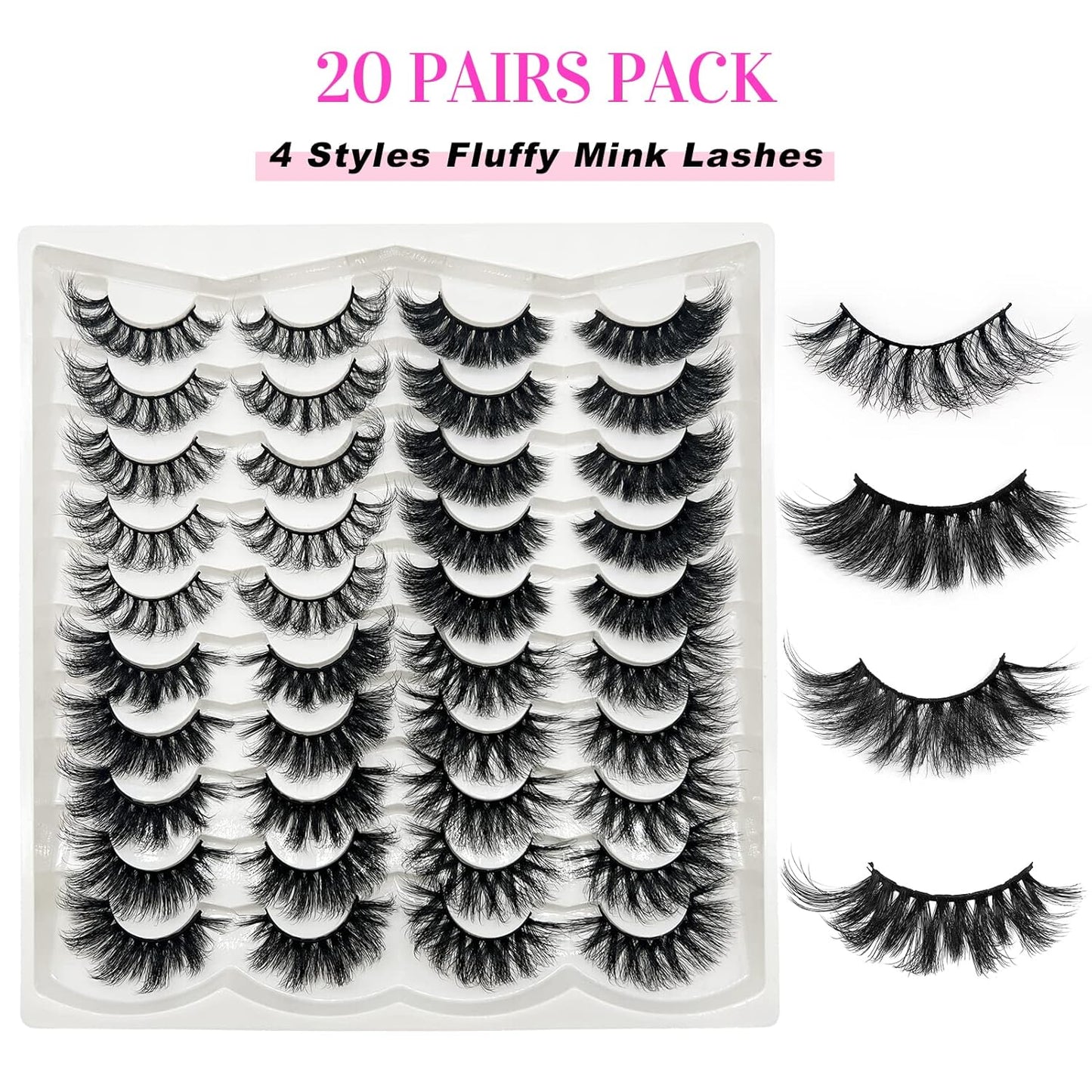 Mink Lashes Bulk False Eyelashes Natural Look, Wispy Fluffy 20 MM Strip Lashes Mink Cat Eye Lashes 18MM 3D Dramatic Mink Eye Lashes Pack - 4 Styles