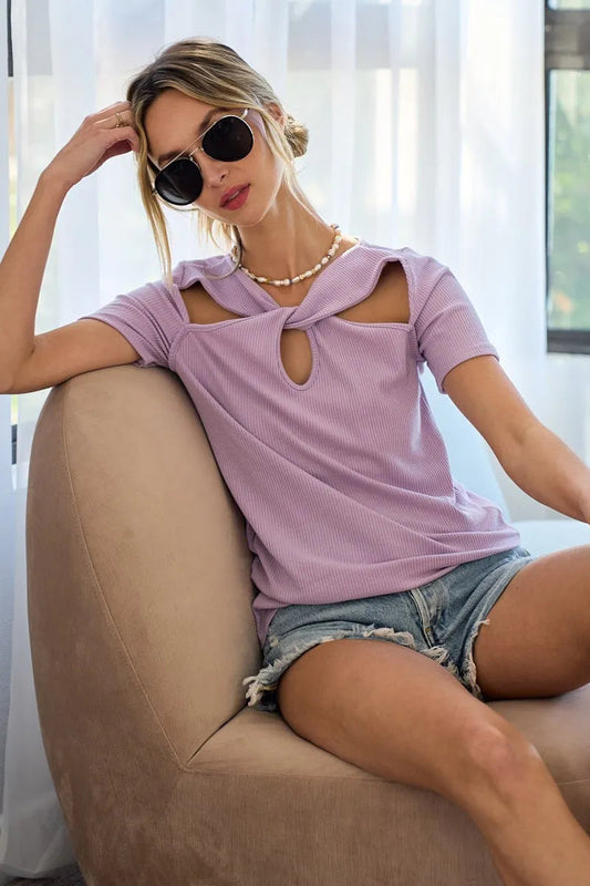 BiBi Rib Knit with Cut Out and Front Twist Detailed Top