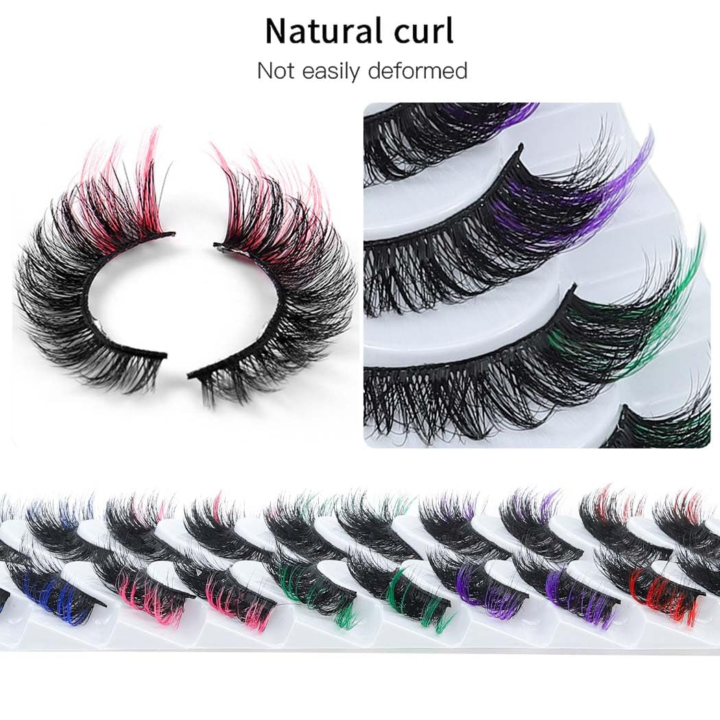 False Eyelashes with Color Fluffy Faux Mink Lashes Colored D Curl Strip Long Eye Lashes 10 Pairs Dramatic Lashes Volume Fake Eyelashes for Women and Girls
