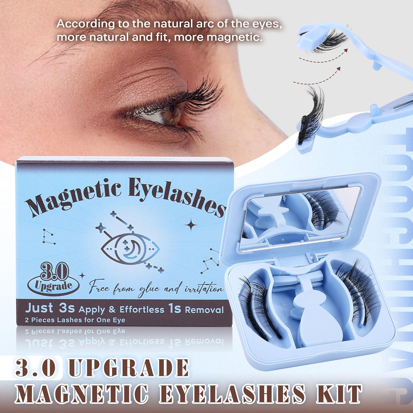 3.0 Magnetic Eyelashes with Applicator Cat Eye Magnetic Lashes Kit with Strong Magnets Reusable Magnetic Eyelashes without Eyeliner Natural Look No Glue Needed 16Mm Fluffy False Lashes