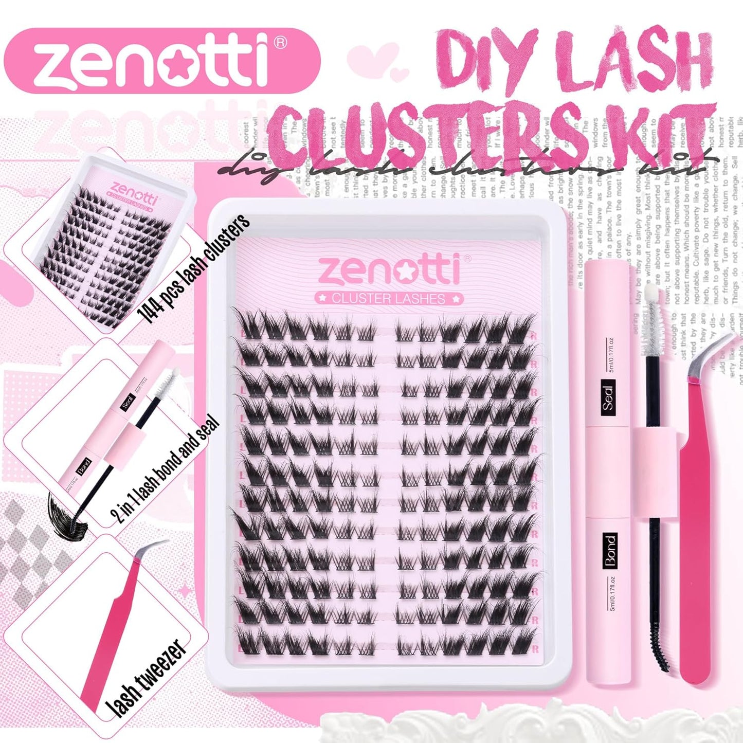 DIY Lash Extension Kit Lash Clusters Wispy Individual Lashes Cat Eye Lashes 144 Pcs Eyelash Extension Kit with Lash Bond and Seal Cluster Lashes Left & Right