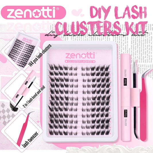 DIY Lash Extension Kit Lash Clusters Wispy Individual Lashes Cat Eye Lashes 144 Pcs Eyelash Extension Kit with Lash Bond and Seal Cluster Lashes Left & Right