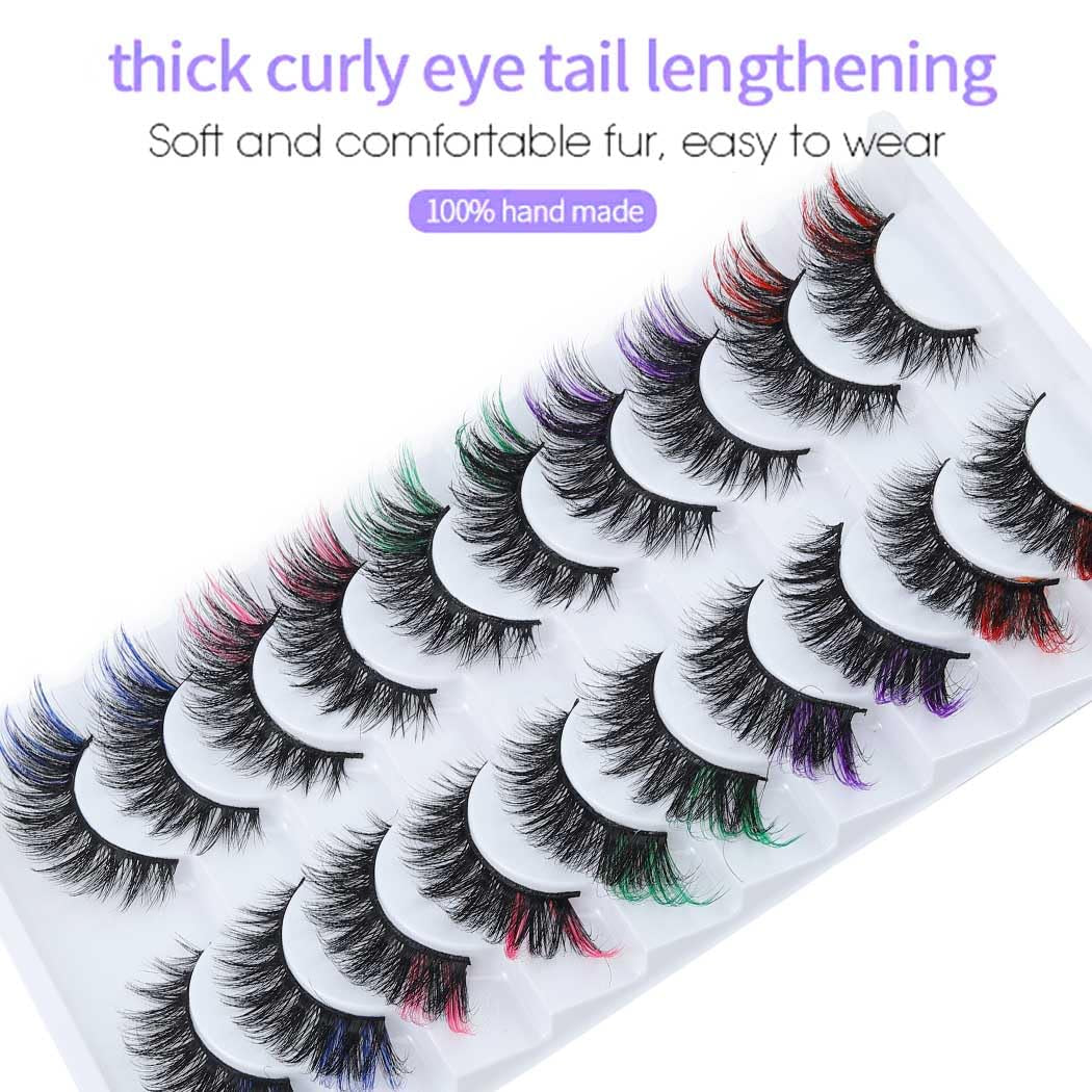 False Eyelashes with Color Fluffy Faux Mink Lashes Colored D Curl Strip Long Eye Lashes 10 Pairs Dramatic Lashes Volume Fake Eyelashes for Women and Girls