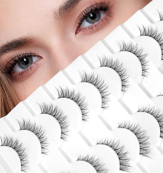 Fluffy Fox Eye Lashes, Natural Look Mink Cat Eye Lashes, Short Wispy Lash Strips, 10 Pairs Pack Volume Strip Fake Eyelash Extension Look