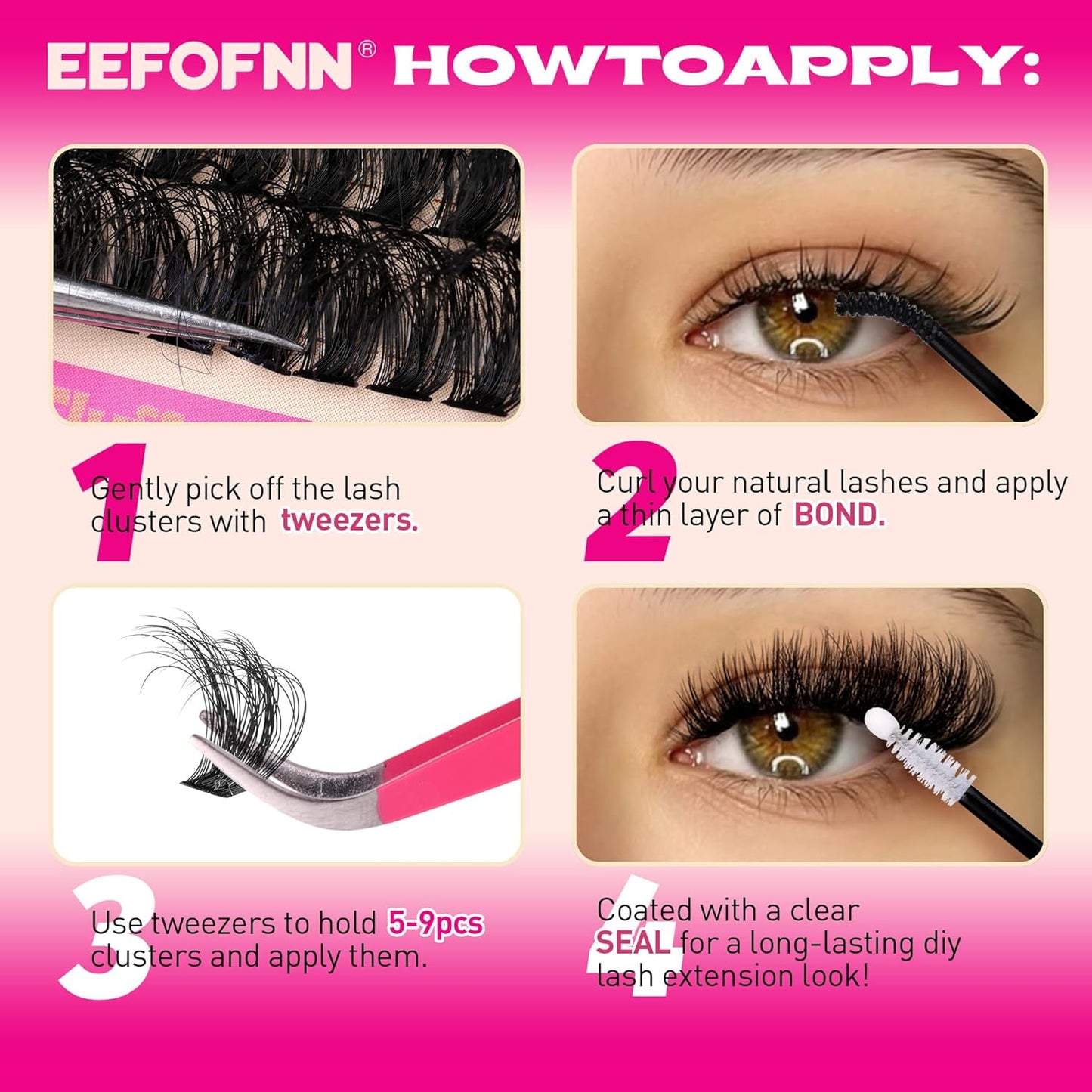 DIY Lash Extension Kit Full Lash Clusters Kit 300PCS Eyelash Clusters with Bond and Seal Glue Thick 60D+80D+100D Cluster Eyelash Extensions Kit D-Curly Volume Individual Lashes Kit at Home by