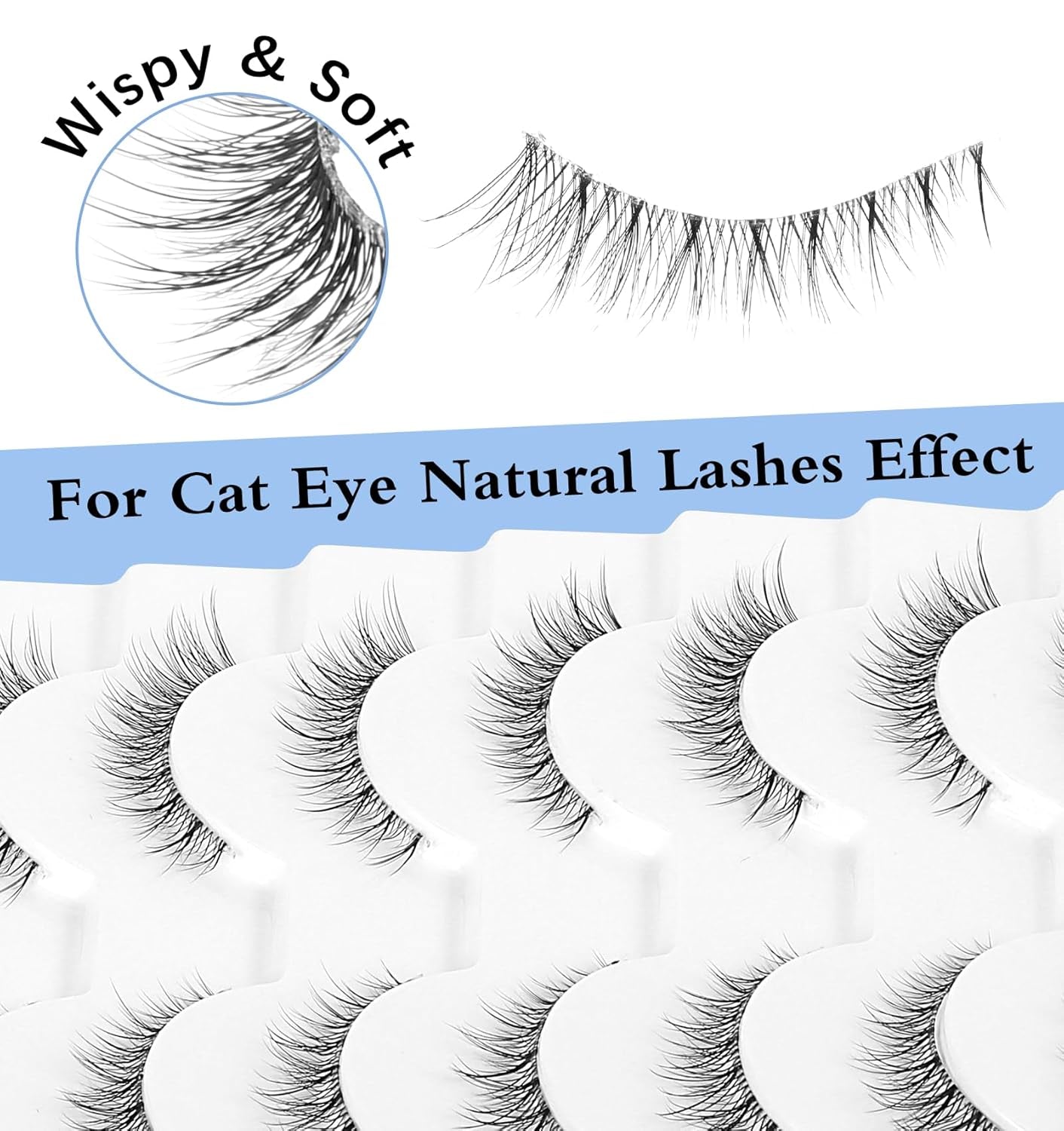 Fluffy Fox Eye Lashes, Natural Look Mink Cat Eye Lashes, Short Wispy Lash Strips, 10 Pairs Pack Volume Strip Fake Eyelash Extension Look