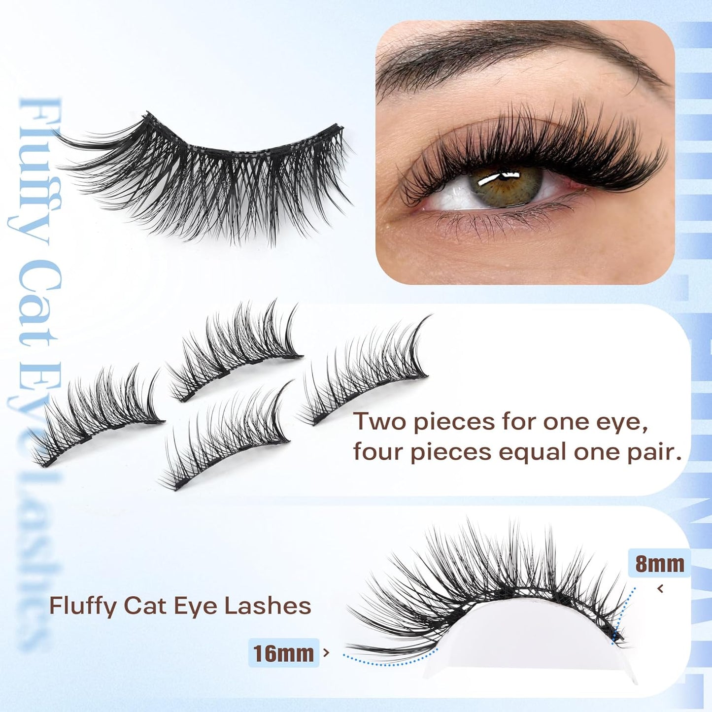 3.0 Magnetic Eyelashes with Applicator Cat Eye Magnetic Lashes Kit with Strong Magnets Reusable Magnetic Eyelashes without Eyeliner Natural Look No Glue Needed 16Mm Fluffy False Lashes