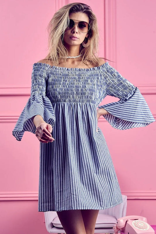 BiBi Smocked Off Shoulder Striped Dress