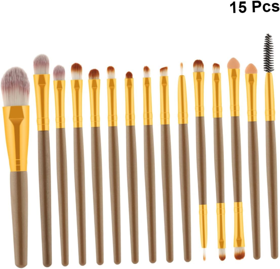 15Pcs Cosmetics Brush Set with Wooden Handle Pink and White Nylon Bristles Includes Powder and Blush Brushes for Makeup Application 185 Brown Handle