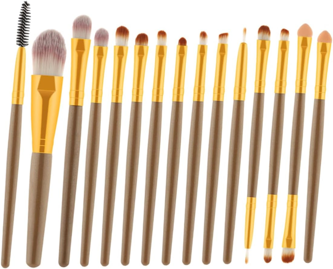 15Pcs Cosmetics Brush Set with Wooden Handle Pink and White Nylon Bristles Includes Powder and Blush Brushes for Makeup Application 185 Brown Handle