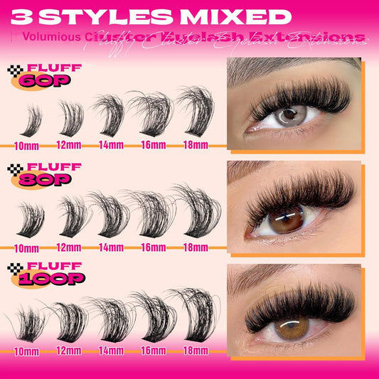 DIY Lash Extension Kit Full Lash Clusters Kit 300PCS Eyelash Clusters with Bond and Seal Glue Thick 60D+80D+100D Cluster Eyelash Extensions Kit D-Curly Volume Individual Lashes Kit at Home by
