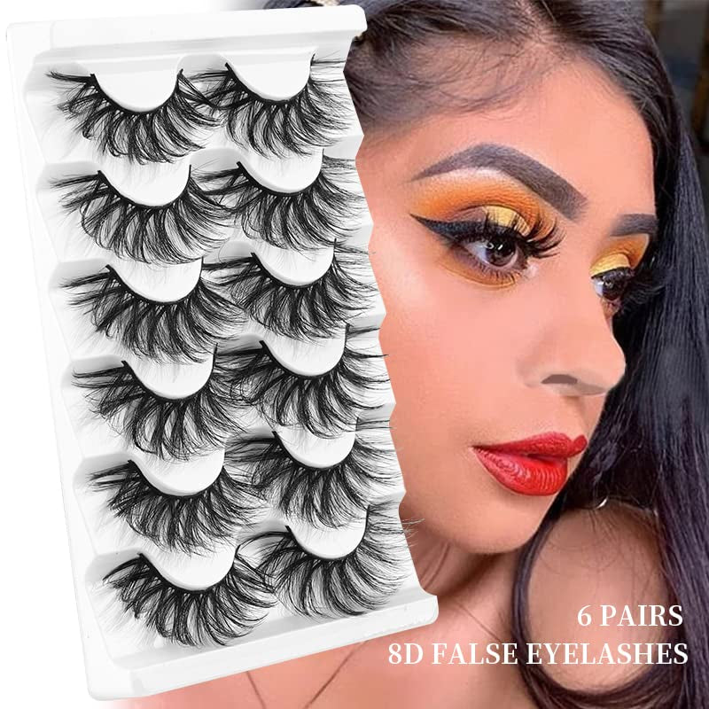 Mink Lashes Wispy False Eyelashes Cat Eye Lashes Natural Look Fluffy 8D Volume Strip Fake Eyelashes 6 Pairs Pack, Long-Lasting, Ultra-Light, CC Curl Lash Extension Effect (CD21)