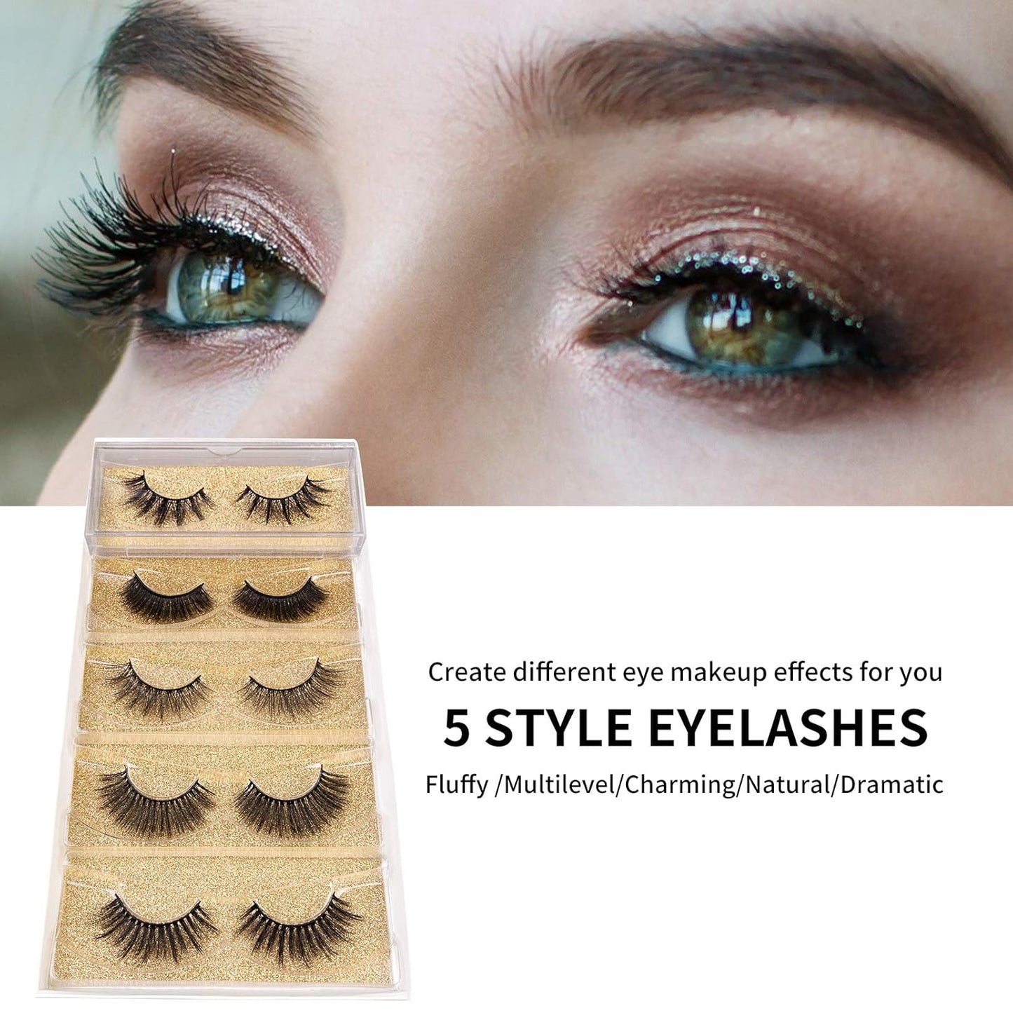 False Eyelashes Fake Lashes - Eyelashes Natural Look 5 Pairs 6D Lashes Mink Eyelashes 5 Styles Mixed Fluffy Lashes Reusable Fake Eyelashes Wispy Mink Lash Natural Look| 15Mm-18Mm