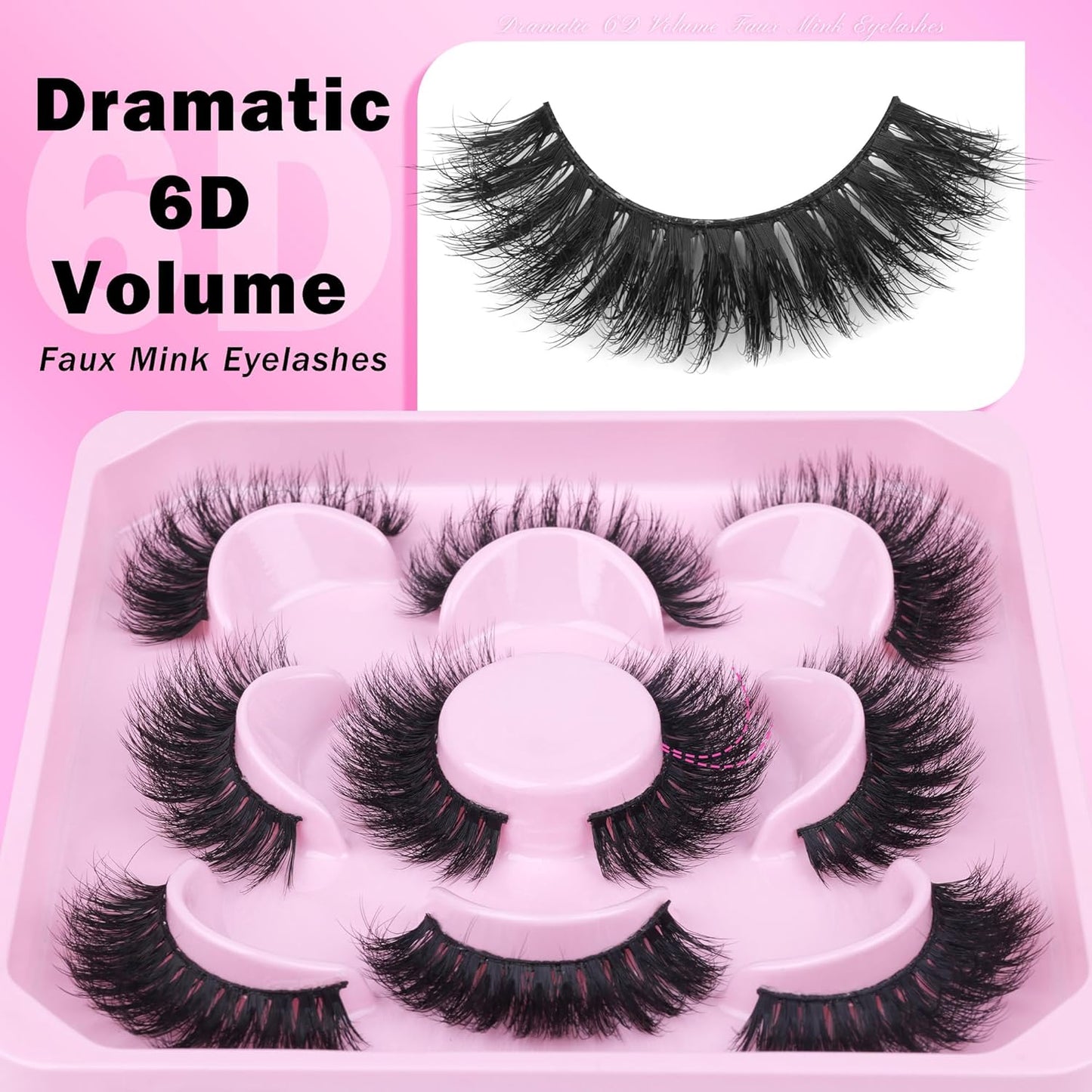 Mink Lashes Fluffy 6D Volume False Eyelashes Fluffy Strip 15-18MM Fake Lashes 100% Handmade Lightweight 5 Pairs Pack Faux Mink Lashes (FD01), Black