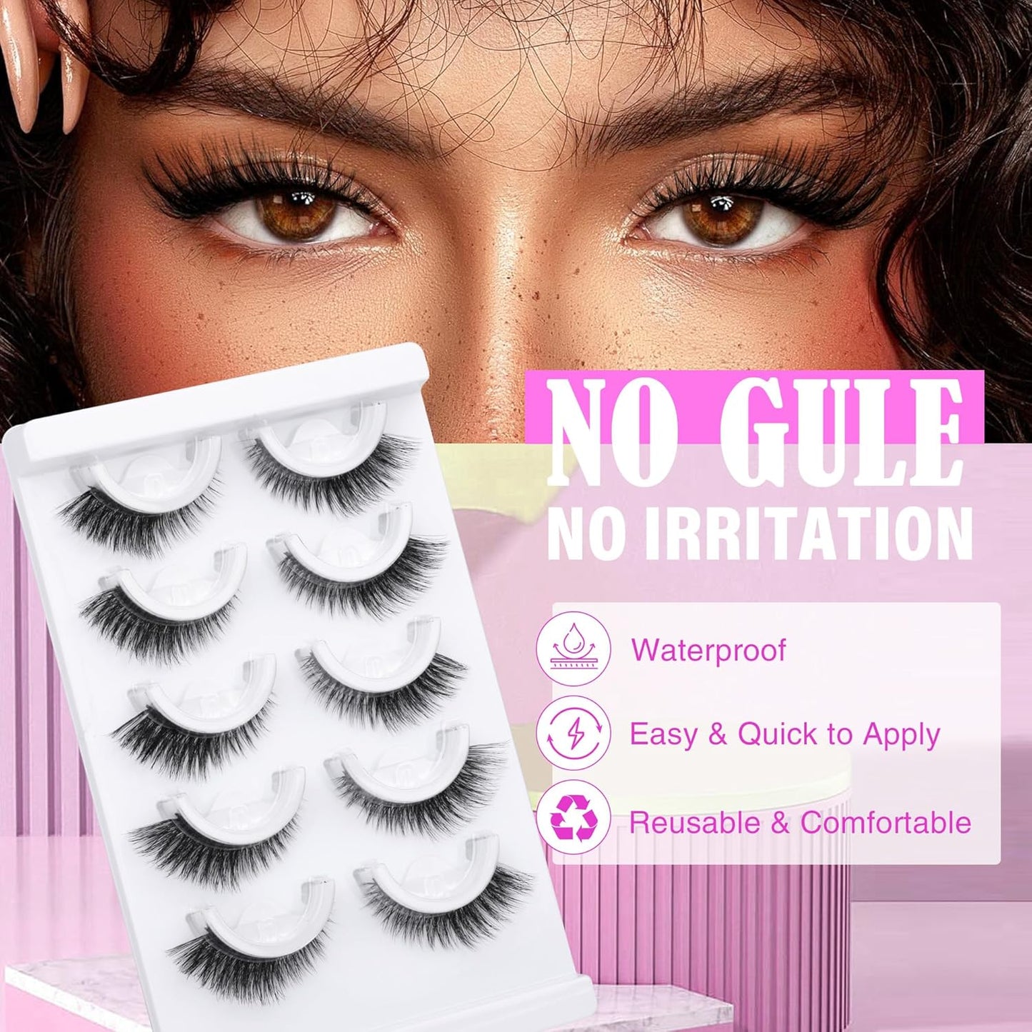 Self Adhesive Eyelashes Natural No Glue Needed Eyelashes Cat Eye Lashes Wispy Self Adhesive Lashes Fluffy Strip Lashes without Eyeliner Reusable Wispy Self-Adhesive Lashes with Lash Clip and Tweezers