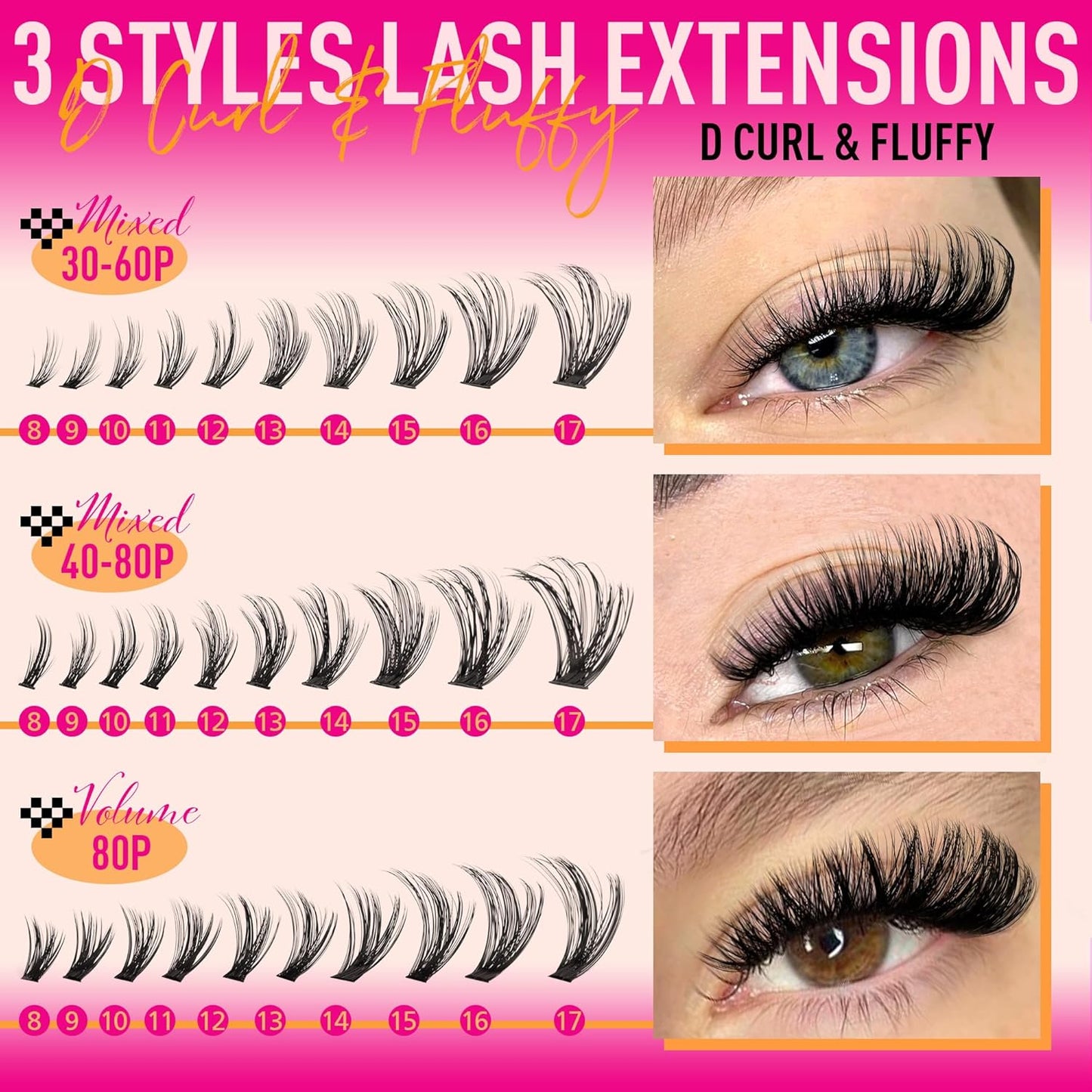 Lash Clusters Kit Wispy Cluster Eyelash Extensions Kit Left Right Cat Eye Lashes Bond and Seal Lash Tweezers D-Curly Volume Eyelash Clusters Kit Mixed Styles Full Individual Lashes Kit