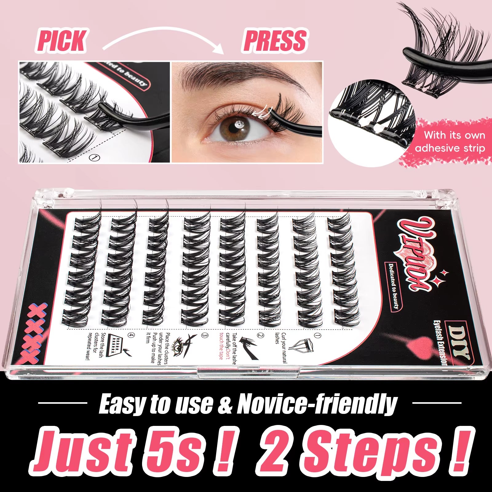 Self Adhesive Cluster Lashes Press on No Glue Needed Segmented Eyelashes Reusable DIY Individual Eyelash Extension
