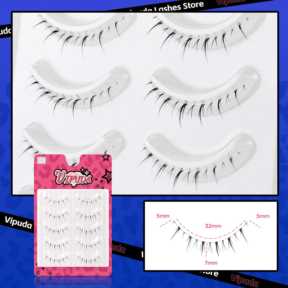 Lower Lashes 5 Pairs Clear Band Bottom Lashes Natural Wispy Handmade under Eye Lashes Extensions Soft Fake Lashes Pack