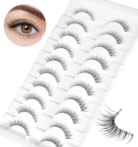 Fluffy Fox Eye Lashes, Natural Look Mink Cat Eye Lashes, Short Wispy Lash Strips, 10 Pairs Pack Volume Strip Fake Eyelash Extension Look