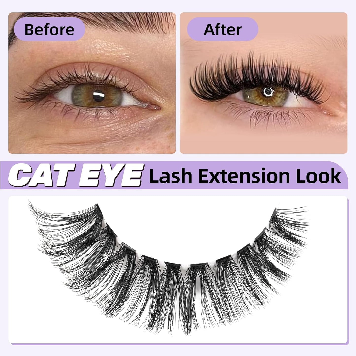 Cat Eye Lash Clusters Kit Wispy Lash Extension Kit D Curl Eyelash Clusters Kit Left & Right Cluster Eyelash Extensions 200PCS Cluster Lashes Kit with Lash Bond and Seal&Tweezer（Kit-Cat Eye 60D+80D）