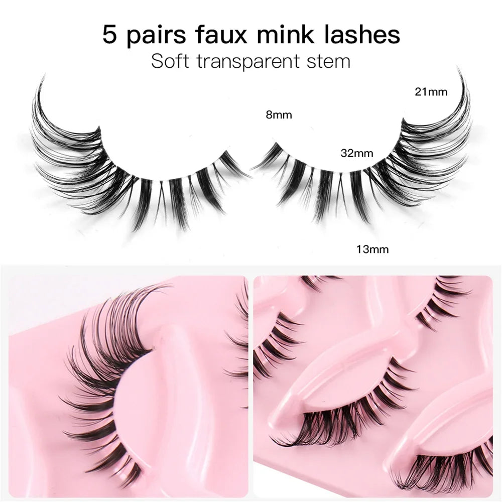 5 Pairs 3D Winged End Eye Elongated Eyelashes Transparent Stems Cat Eye Lashes Fox Eye False Eyelashes Manga Lashes