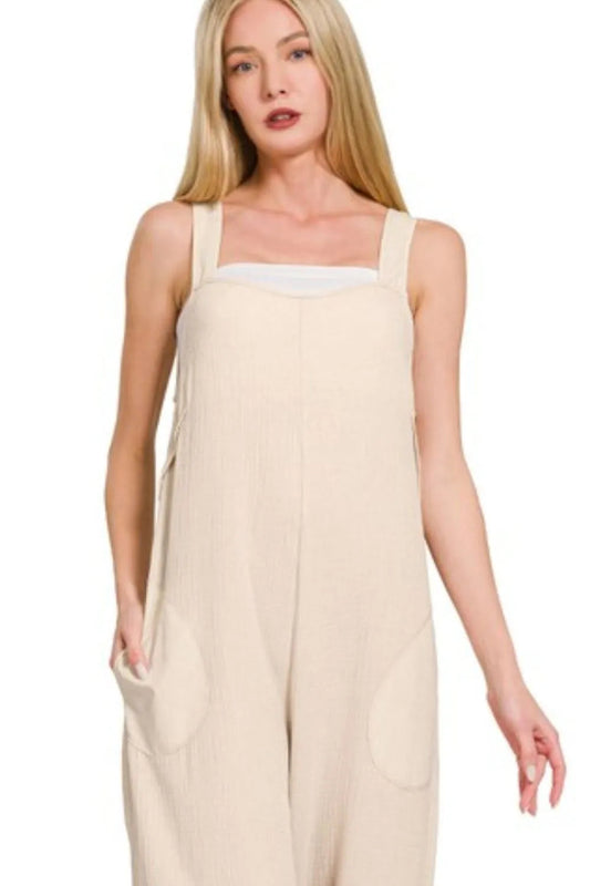 Zenana Double Gauze Washed Wide Leg Overalls