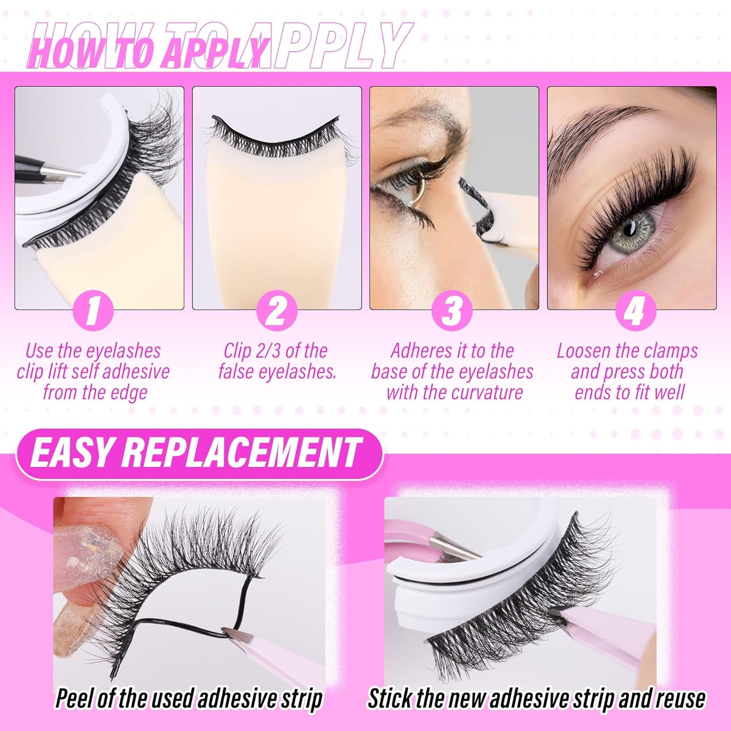 Self Adhesive Eyelashes Natural No Glue Needed Eyelashes Cat Eye Lashes Wispy Self Adhesive Lashes Fluffy Strip Lashes without Eyeliner Reusable Wispy Self-Adhesive Lashes with Lash Clip and Tweezers