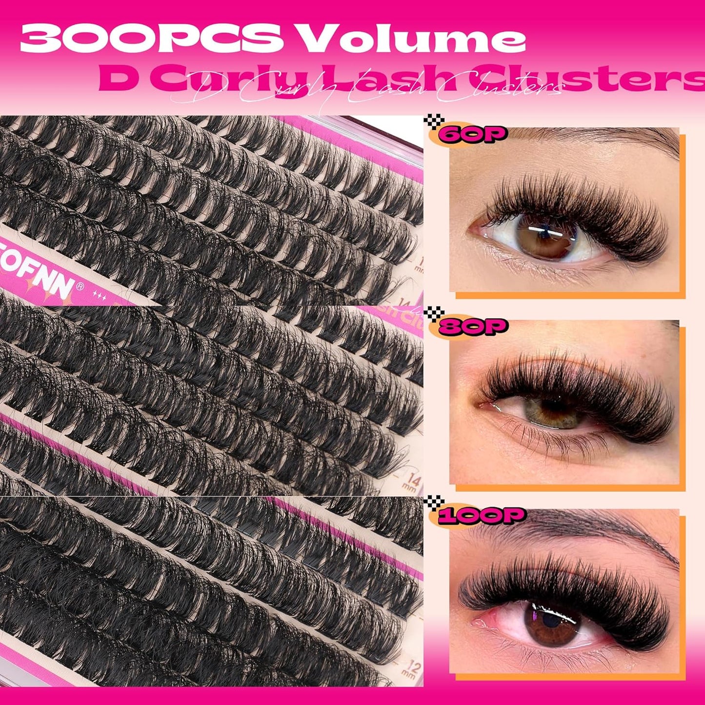 DIY Lash Extension Kit Full Lash Clusters Kit 300PCS Eyelash Clusters with Bond and Seal Glue Thick 60D+80D+100D Cluster Eyelash Extensions Kit D-Curly Volume Individual Lashes Kit at Home by
