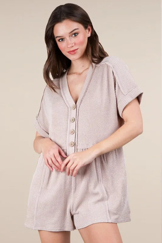 VERY J Two Tone Ribbed Knit Comfy Casual Romper